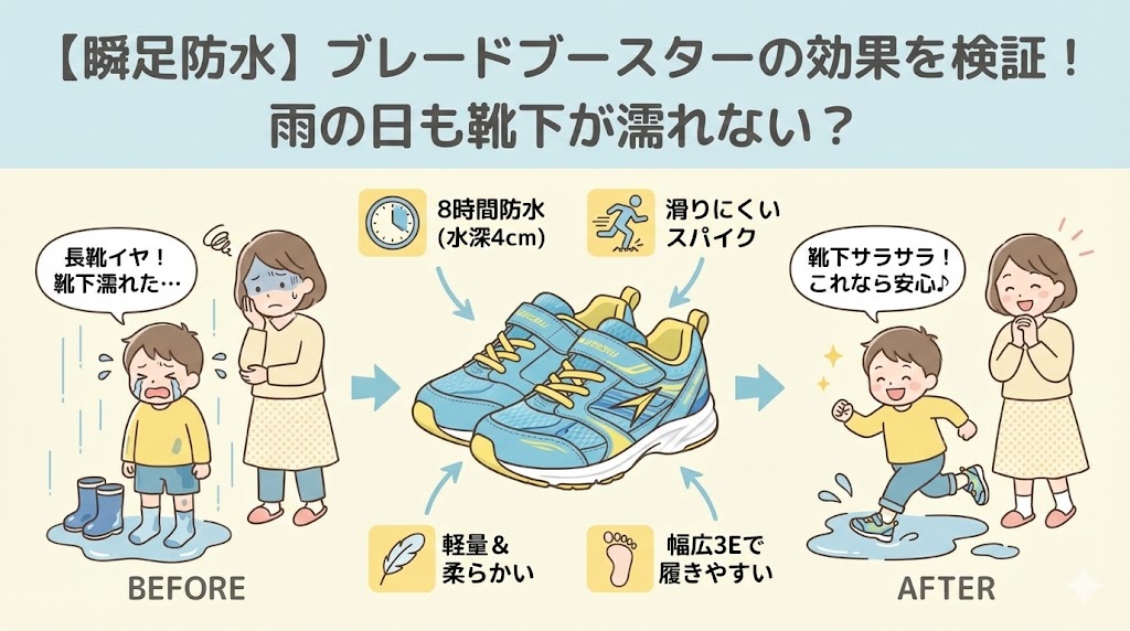 【瞬足防水】ブレードブースターの効果を検証！雨の日も靴下が濡れない？