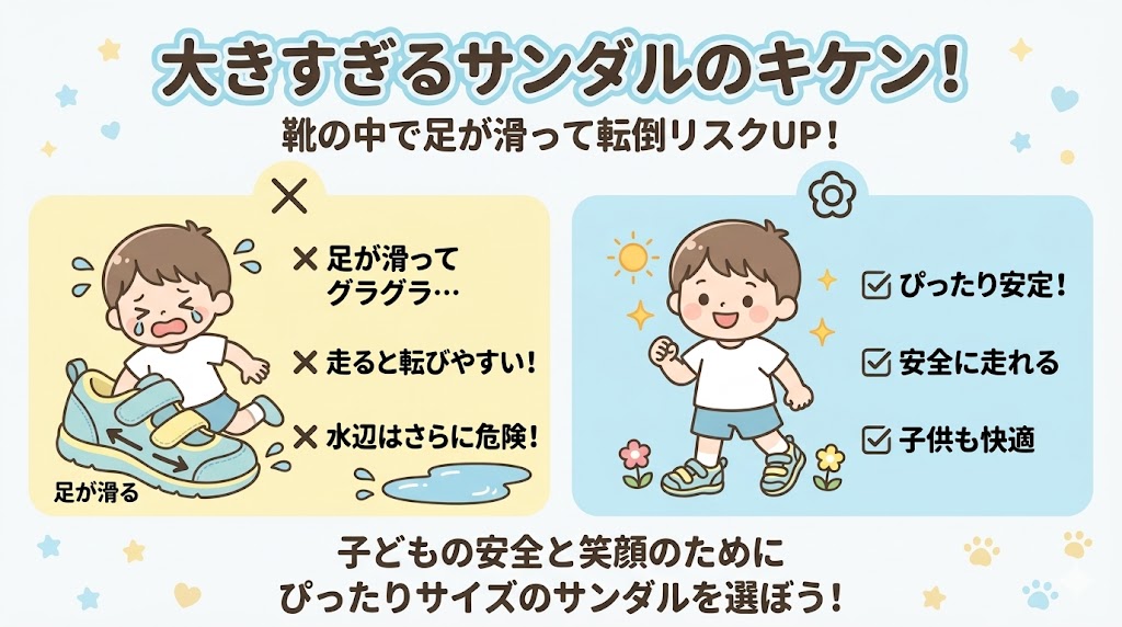 大きすぎるキッズサンダルは足が滑って転倒リスクが高まる