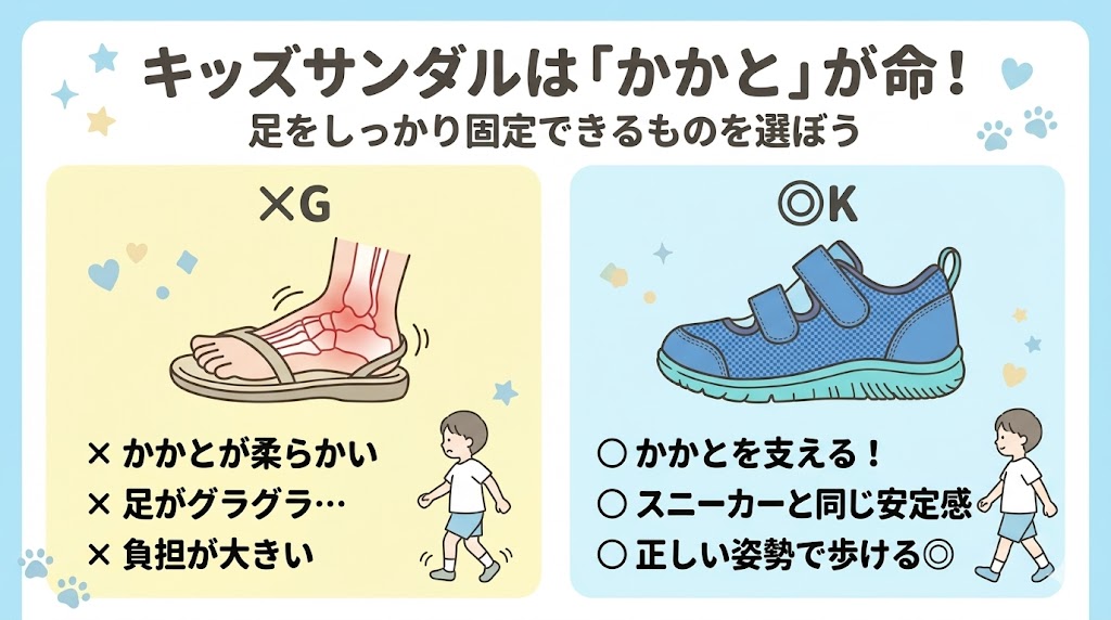 キッズサンダルの選び方①かかとがあり、足をしっかり固定できる