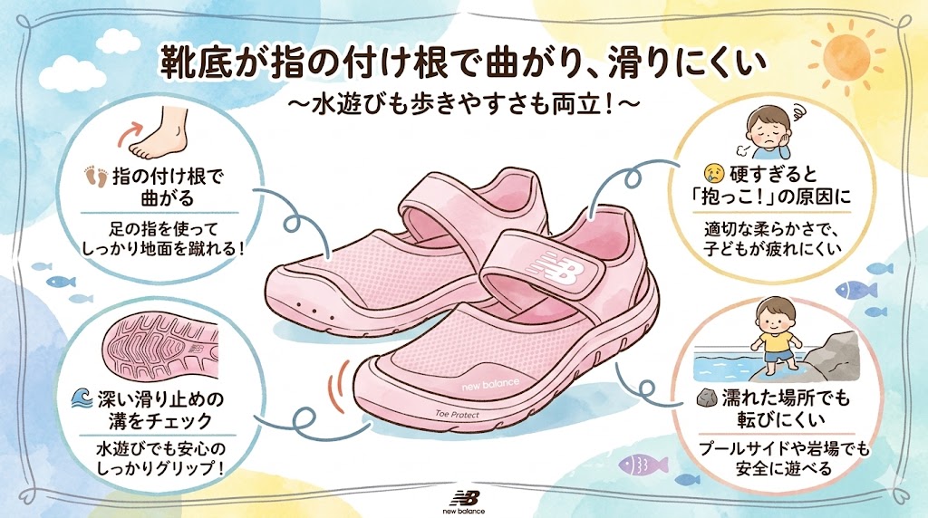 キッズサンダルの選び方④靴底が指の付け根で曲がり、滑りにくい