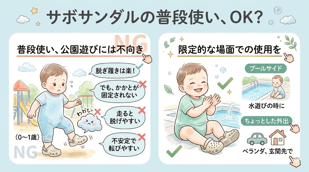 クロックスなどのサボサンダルはプールサイドやちょっとした外出などに使おう