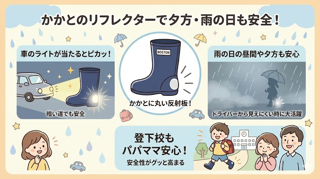 ボストアールの長靴が選ばれる理由:かかとのリフレクター付きで夕方や雨の日も安全だから