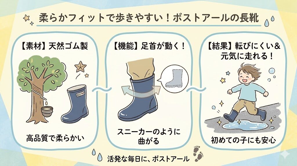 ボストアールの長靴が選ばれる理由:天然ゴム製で柔らかく足の動きにフィットするから