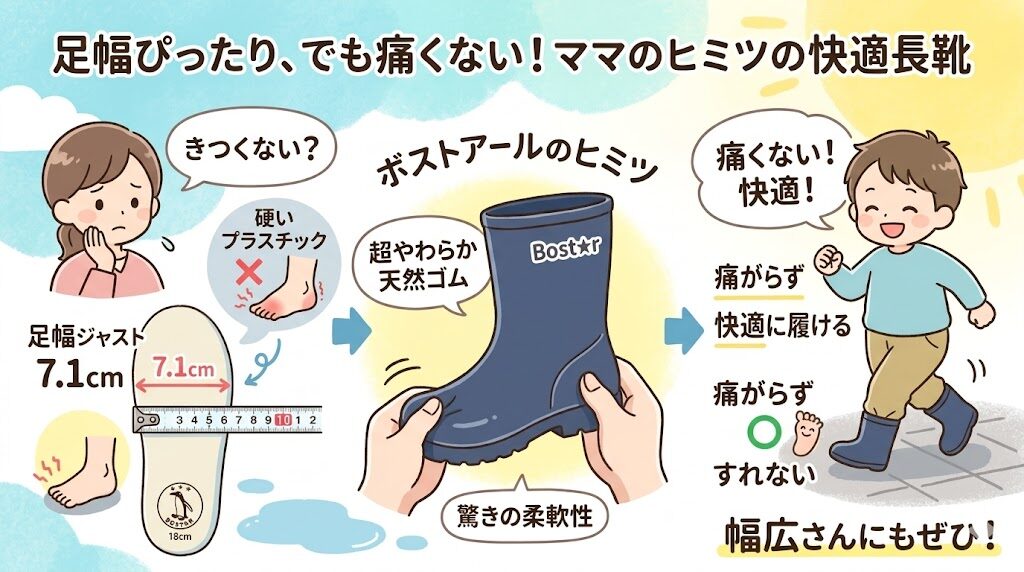 ボストアールの長靴は足幅ジャストでも柔らかい素材だから痛がらず快適に履ける