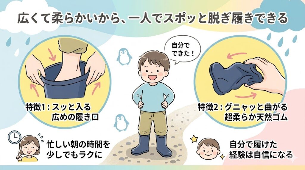 ボストアールの長靴は柔らかい素材と広めの履き口で、一人でスポッと脱ぎ履きできる