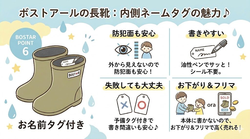 ボストアールの長靴は内側に専用のお名前タグ付き!防犯対策やお下がりにも大活躍