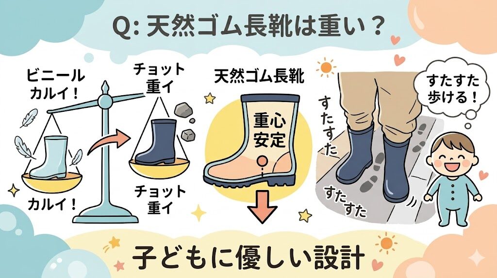 ボストアールの長靴は天然ゴムなので少し重いが、重心が安定して歩きやすい