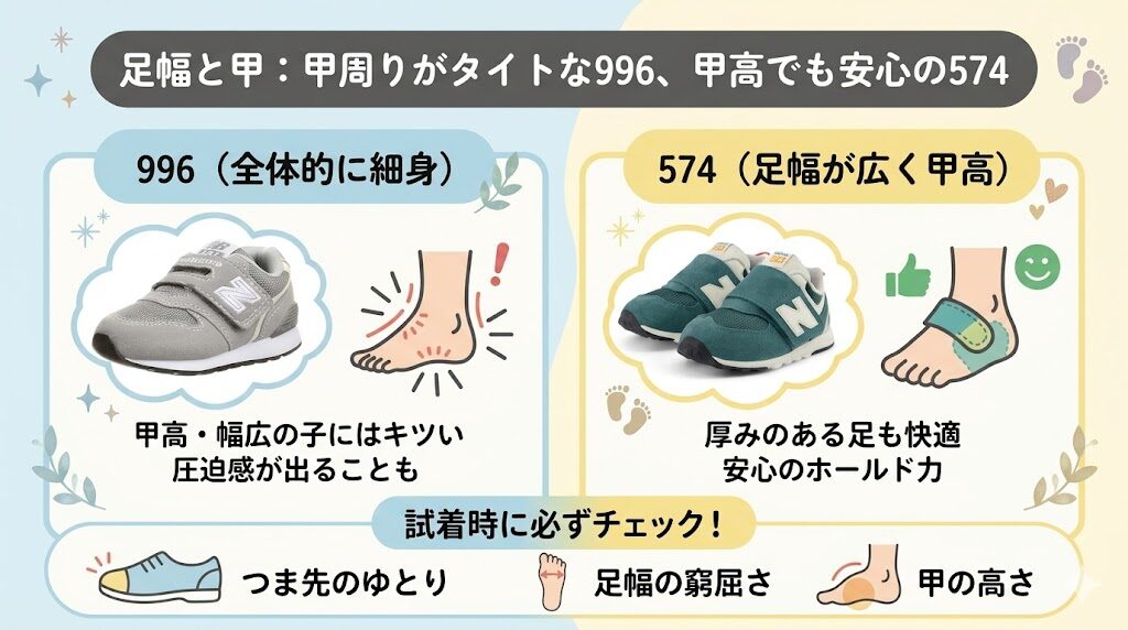 足幅と甲：甲周りがタイトな996、甲高でも安心の574