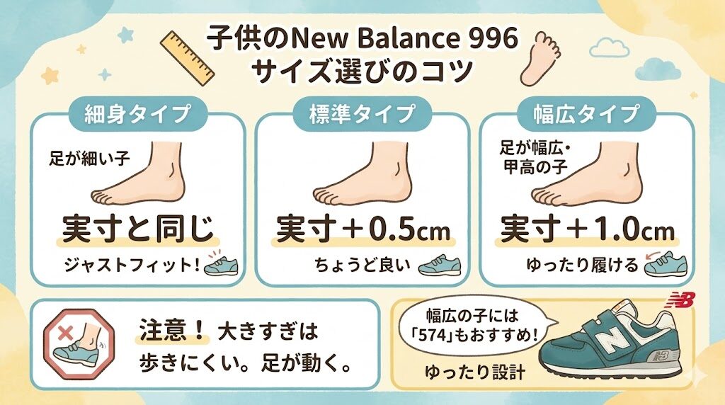 996：細身はジャスト、標準は＋0.5cm、幅広は＋1.0cm