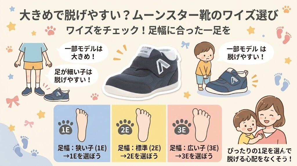 ムーンスターファーストシューズは大きめの作りで脱げやすいモデルがある
