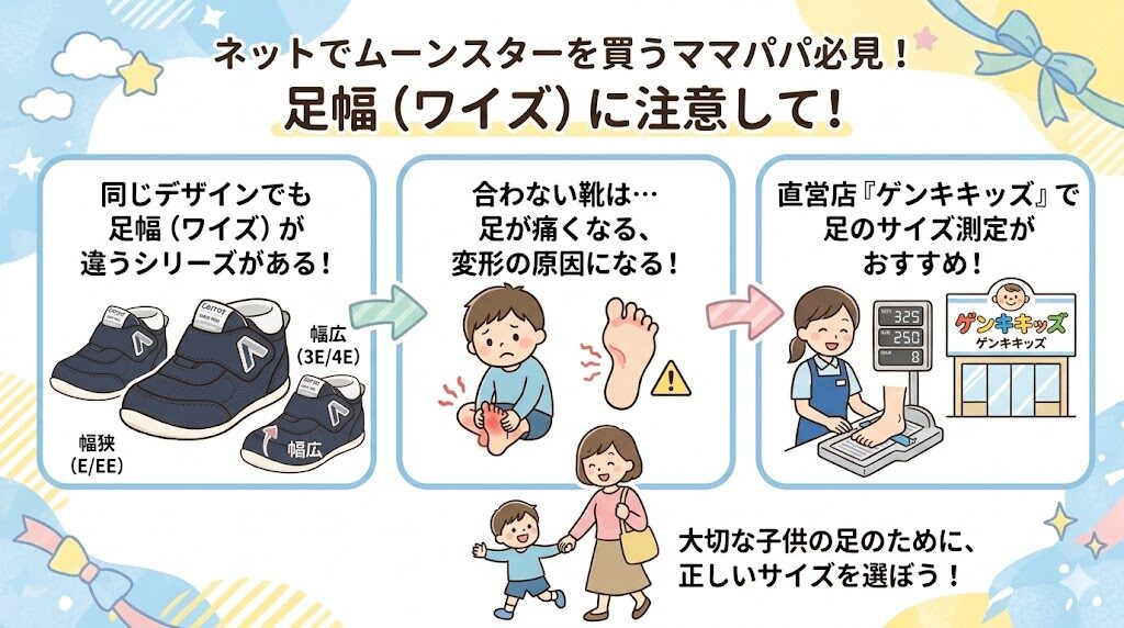 ムーンスターファーストシューズのネット購入時はワイズ（足幅）を間違えやすい