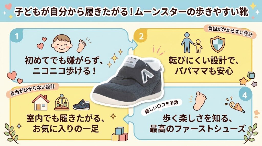 ムーンスターファーストシューズは歩きやすい設計で子どもが喜んで履きたがる