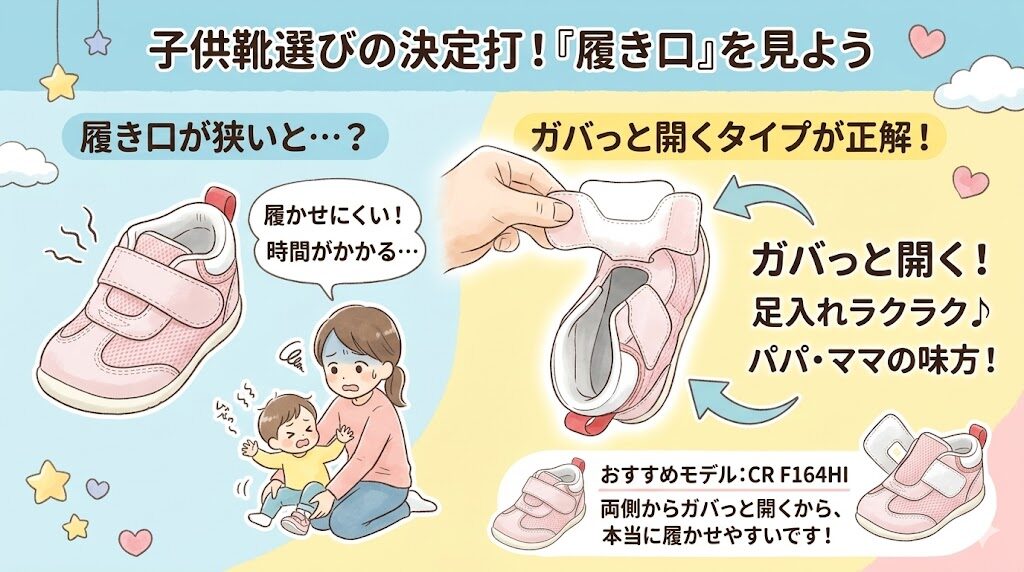 ムーンスターファーストシューズの一部のモデルは履き口が開ききらず履かせにくい