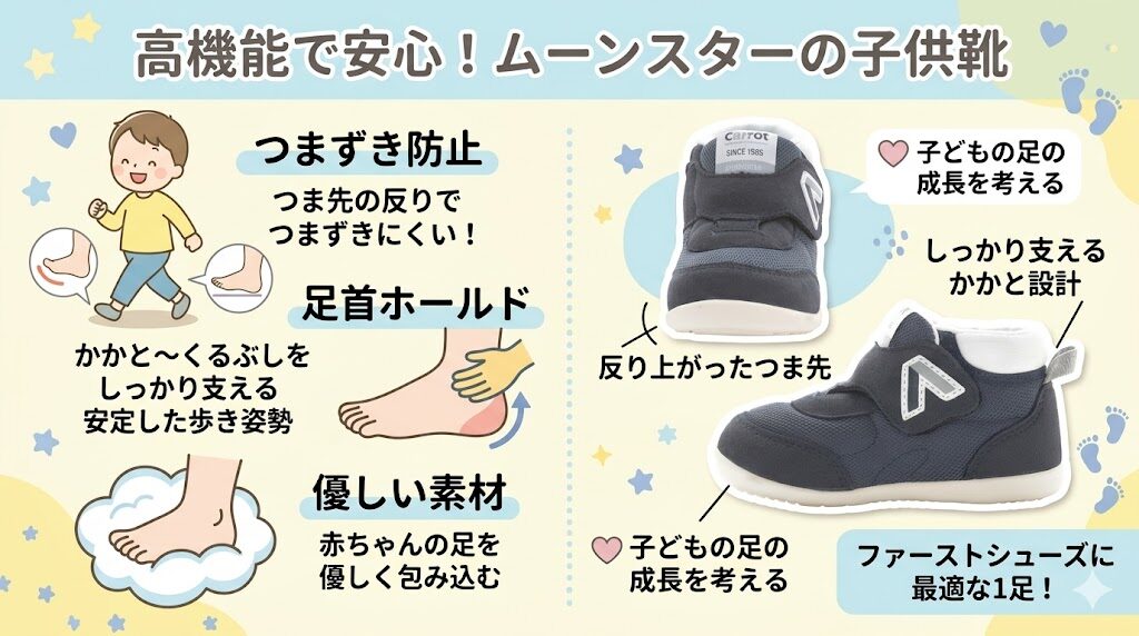 ムーンスターファーストシューズはつまずき防止や足首ホールドなど機能性が高い