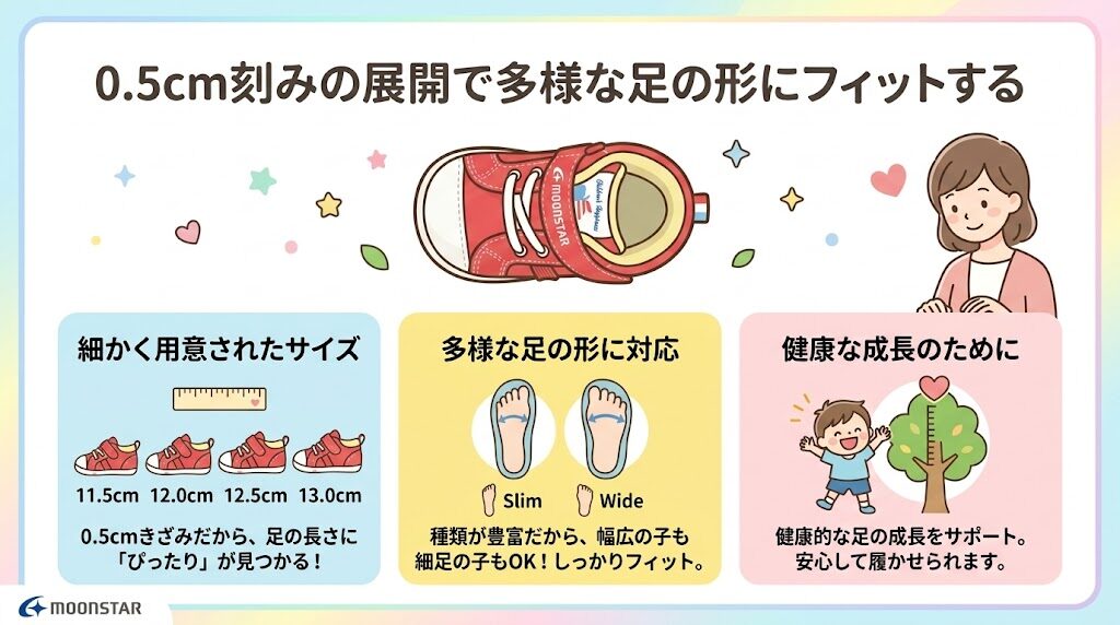 ムーンスターファーストシューズは0.5cm刻みの展開で多様な足の形にフィットする