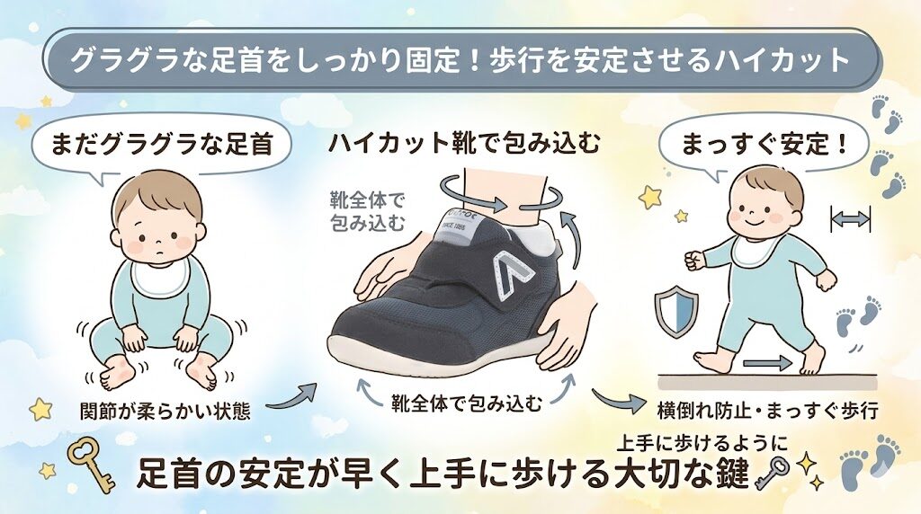 ムーンスターファーストシューズのハイカットはグラグラな足首をしっかり固定して歩行を安定させる