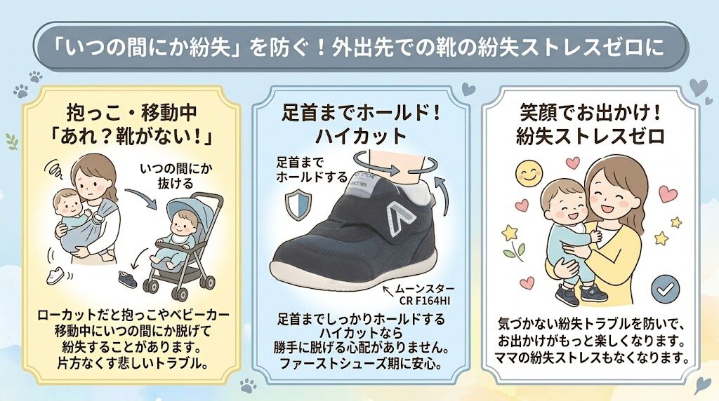 ムーンスターファーストシューズのハイカットは抱っこやベビーカー移動中に靴が脱げて紛失するのを防ぐ