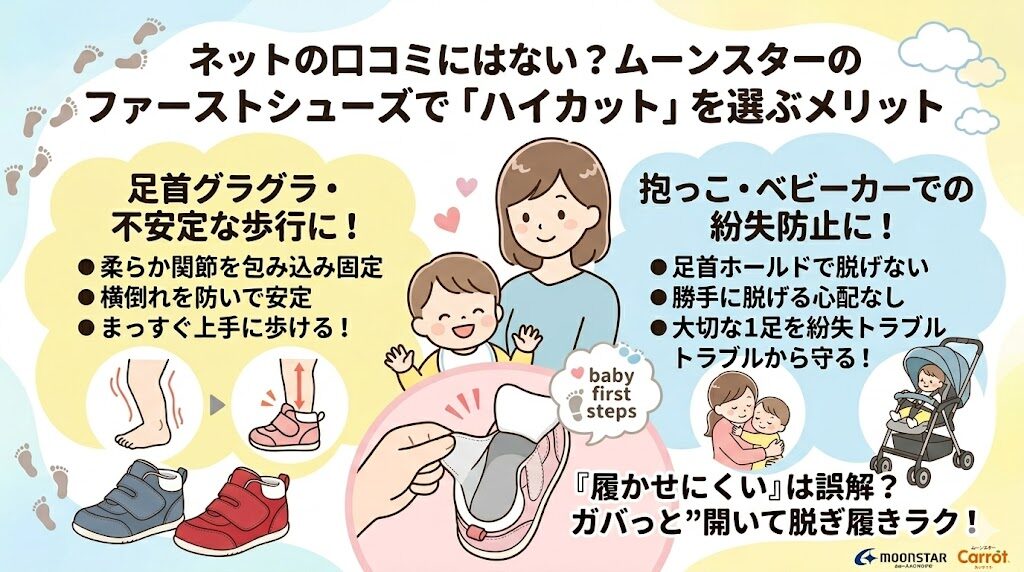 ネットの口コミにはない？ムーンスターのファーストシューズで「ハイカット」を選ぶメリット