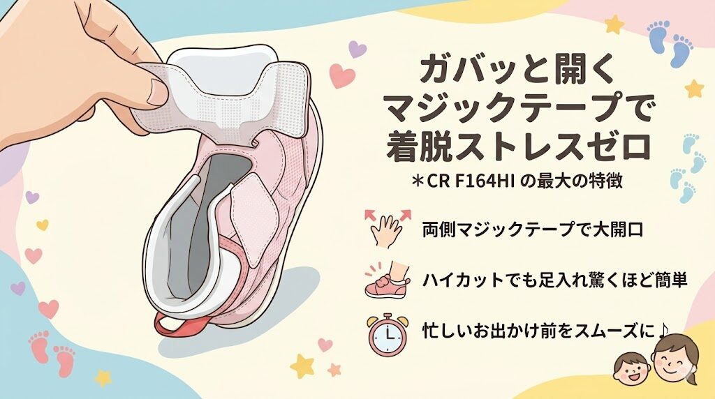 ムーンスターファーストシューズはガバッと開くマジックテープで着脱ストレスゼロ