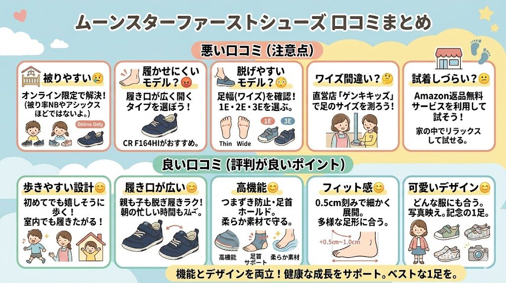 ムーンスターファーストシューズの悪い口コミと良い口コミまとめ