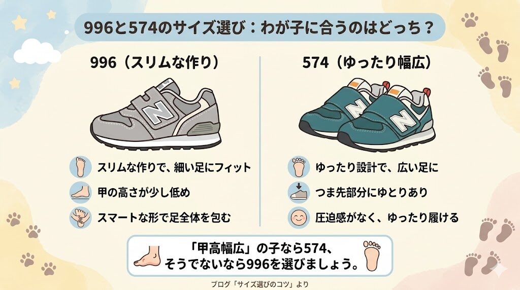 サイズ感：スリムな996、ゆったり幅広の574