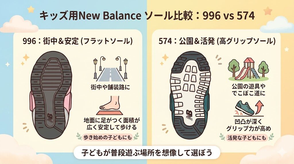 ソール：フラットな996、グリップ力が高い574